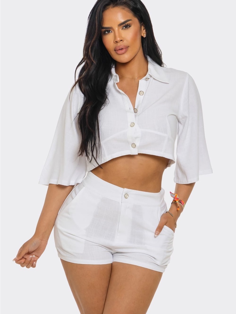 Cropped Button-Front White Linen Set